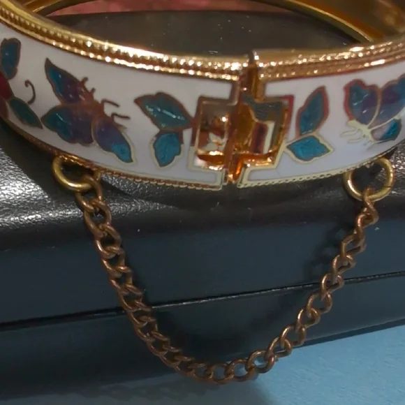 Vintage Cloisonne Floral Enamel Bangle Bracelet And Earrings - Picture 6 of 7